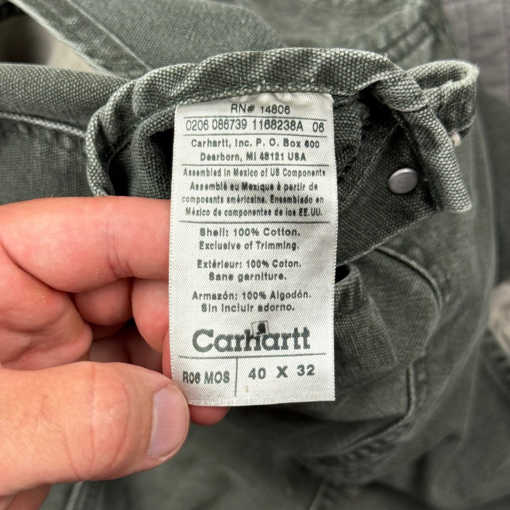 Vtg Carhartt R06 MOS Green Duck Bib Overalls 40x32 Double Knee Canvas Moss Fade - Picture 12 of 16